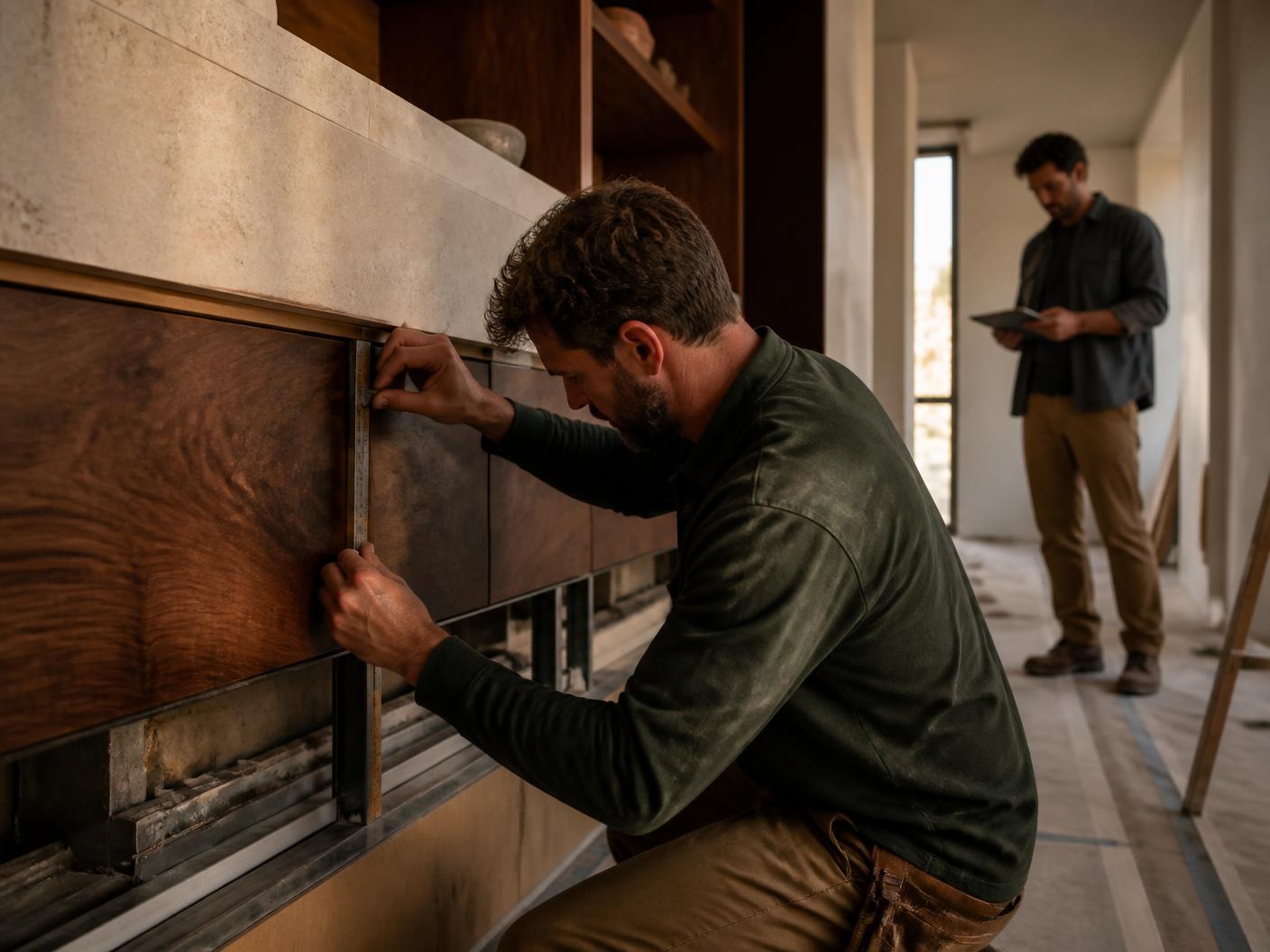Craftsperson precisely installing custom walnut joinery