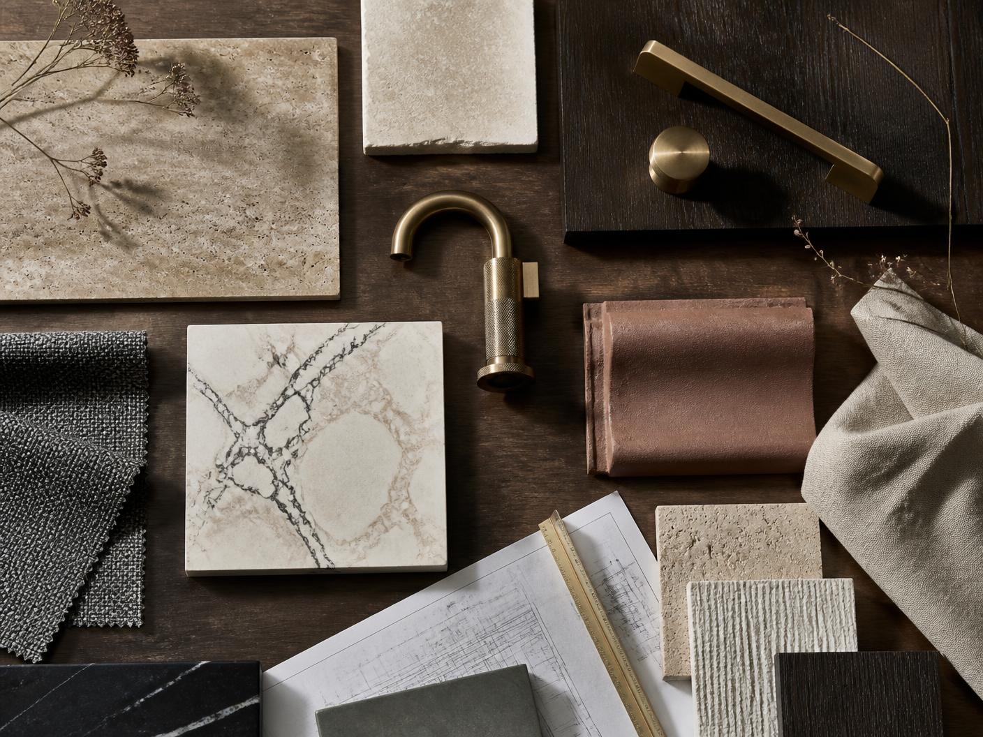 Luxury stone, timber, bronze and fixture material selection